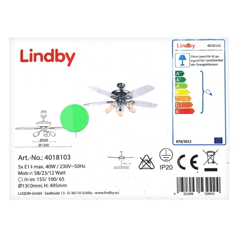Lindby - Wentylator sufitowy z oświetleniem CEDRIK 5xE14/40W/230V