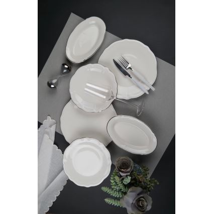18-częściowy zestaw obiadowy kremowy/srebrny/porcelana