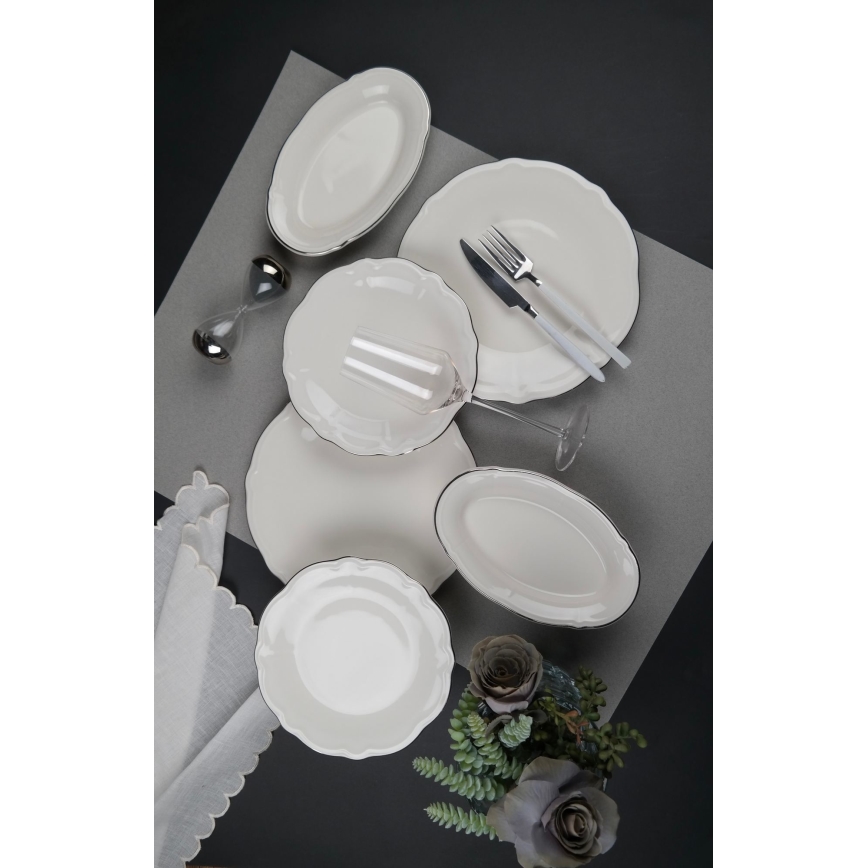 18-częściowy zestaw obiadowy kremowy/srebrny/porcelana