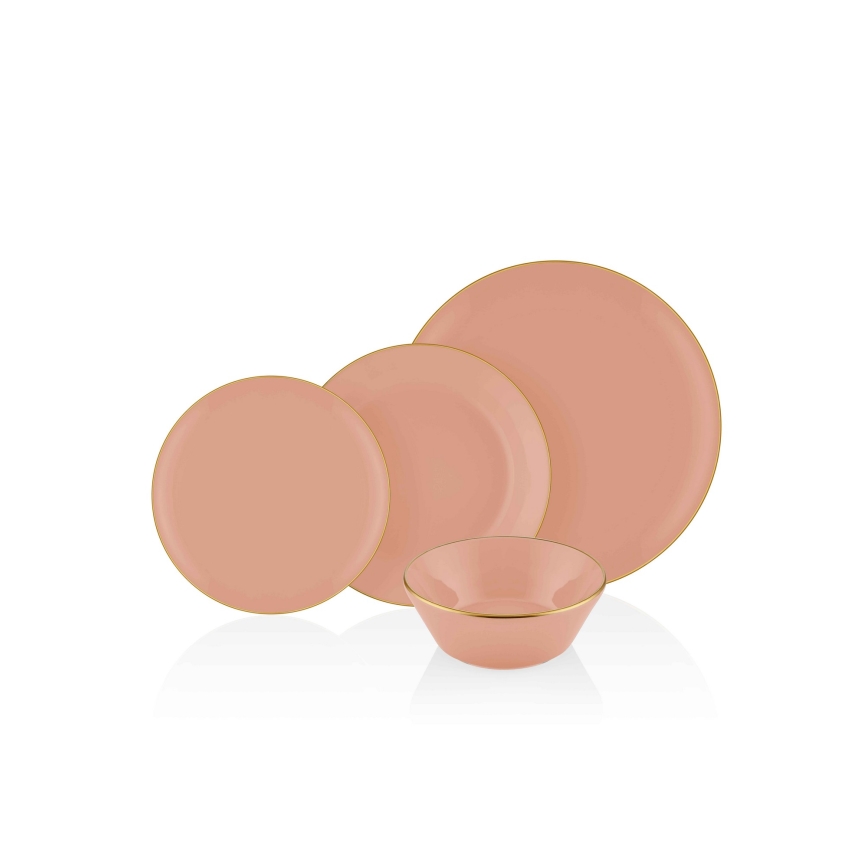 24-częściowy komplet obiadowy, łososiowy/złoty, ceramika