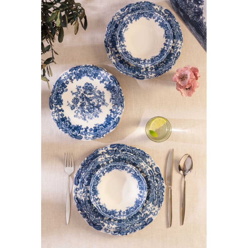 24-częściowy zestaw obiadowy, biało-niebieski, porcelana