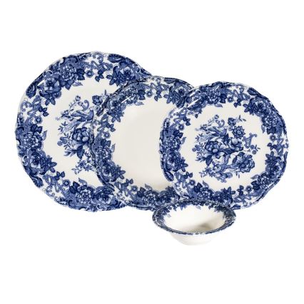 24-częściowy zestaw obiadowy, biało-niebieski, porcelana