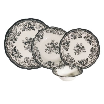24-częściowy zestaw obiadowy, biały/czarny, porcelana