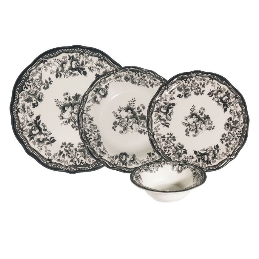 24-częściowy zestaw obiadowy, biały/czarny, porcelana