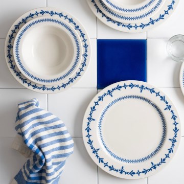24-częściowy zestaw obiadowy, biały/niebieski, porcelana