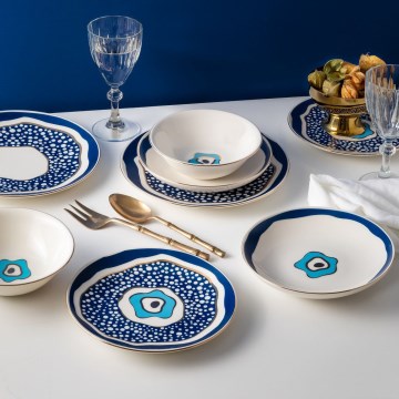24-częściowy zestaw obiadowy, biały/niebieski/złoty, porcelana
