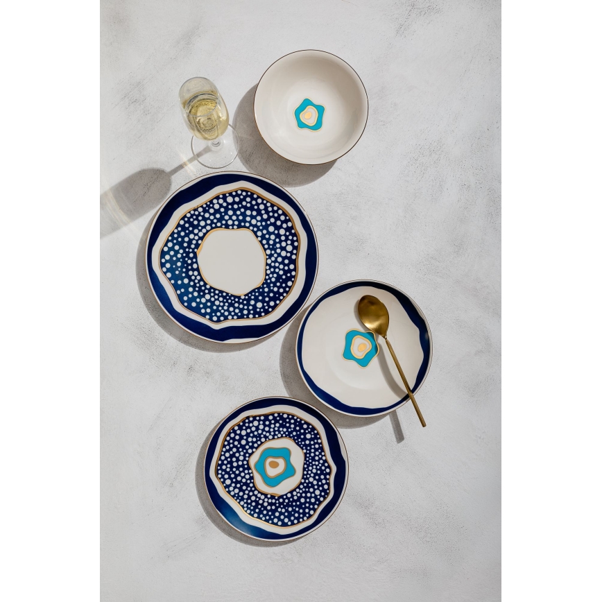 24-częściowy zestaw obiadowy, biały/niebieski/złoty, porcelana