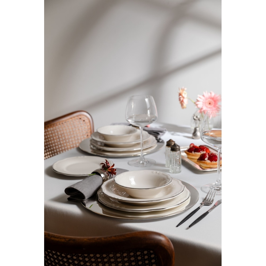 24-częściowy zestaw obiadowy, biały/srebrny/porcelana