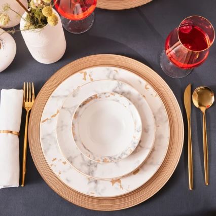 24-częściowy zestaw obiadowy, biały/szary, porcelanowy