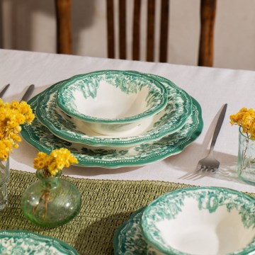24-częściowy zestaw obiadowy, biały/zielony, porcelana