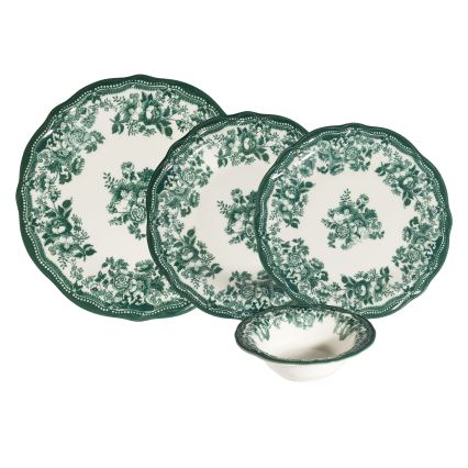 24-częściowy zestaw obiadowy, biały/zielony, porcelana