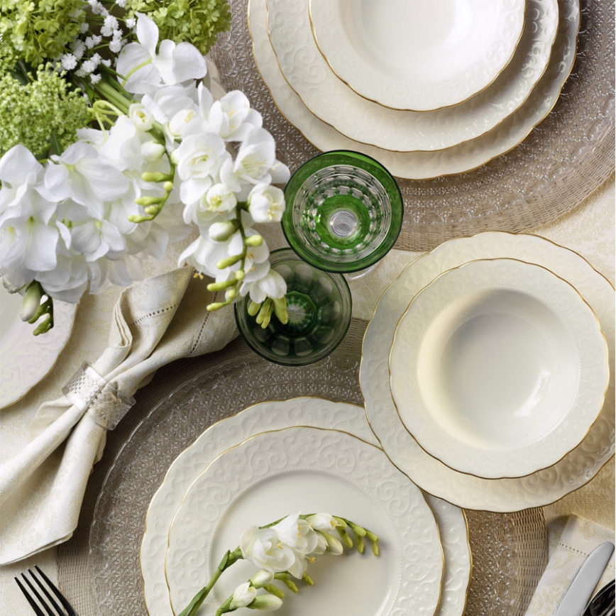 24-częściowy zestaw obiadowy, biały/złoty, porcelana