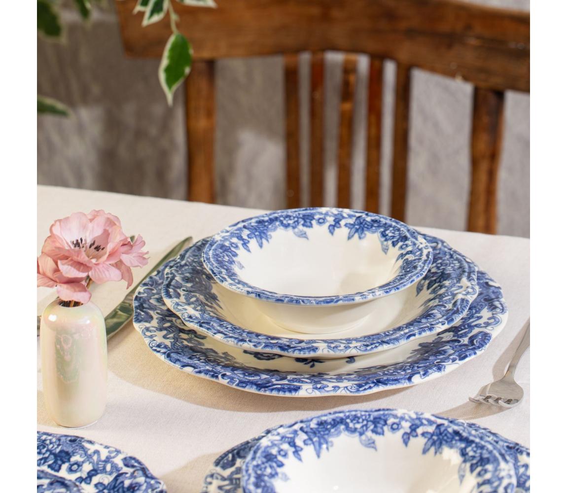 24-częściowy zestaw obiadowy, biało-niebieski, porcelana