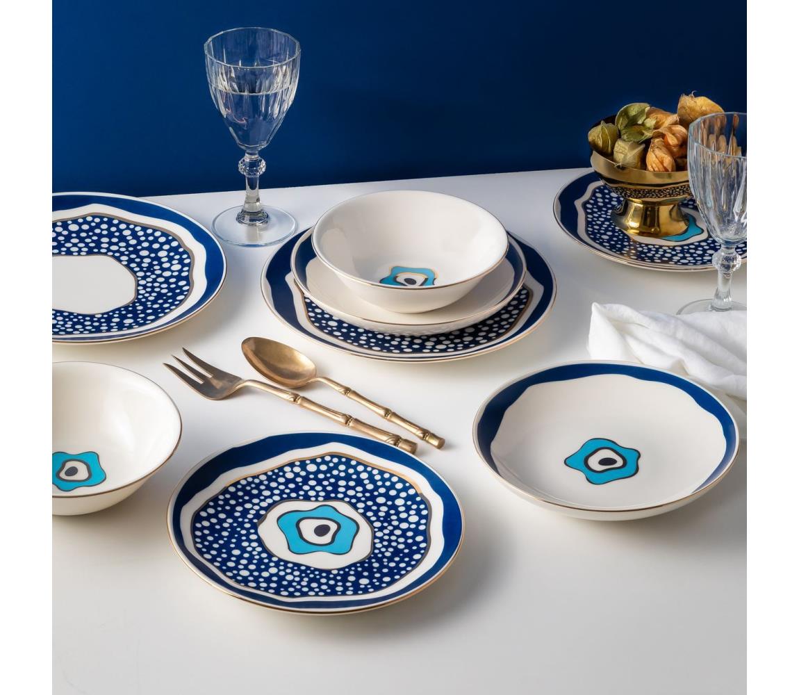 24-częściowy zestaw obiadowy, biały/niebieski/złoty, porcelana