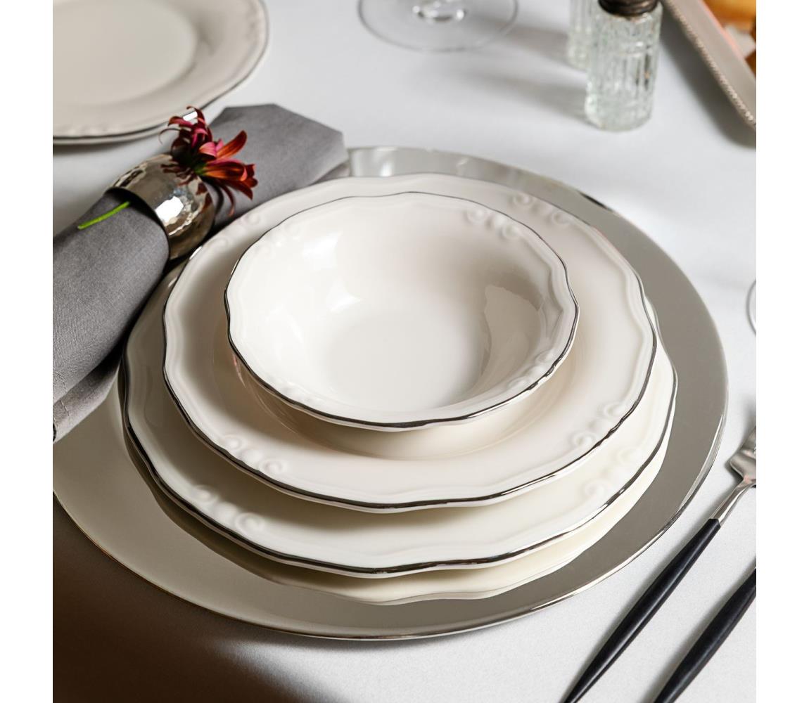 24-częściowy zestaw obiadowy, biały/srebrny/porcelana