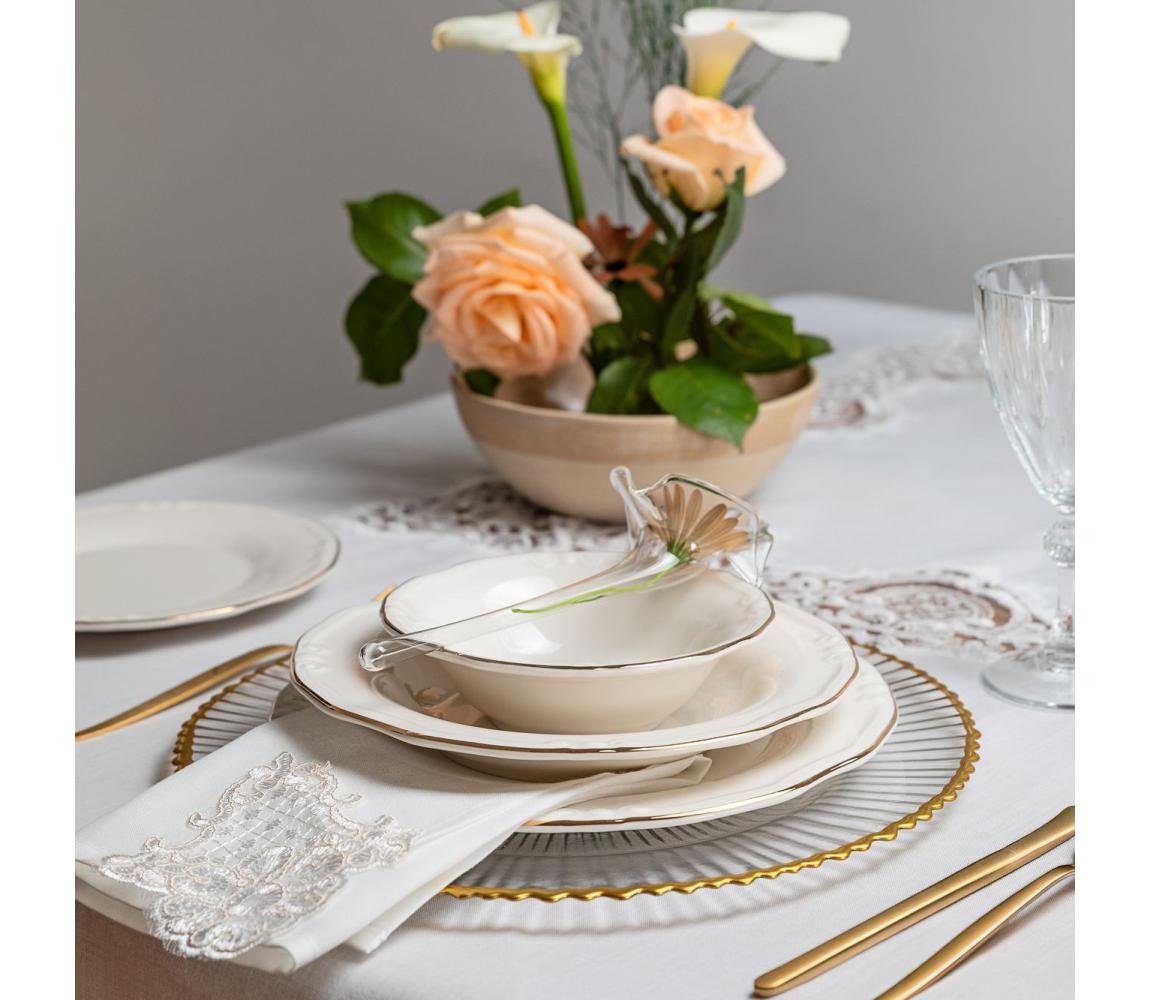 24-częściowy zestaw obiadowy, porcelana, biały/złoty