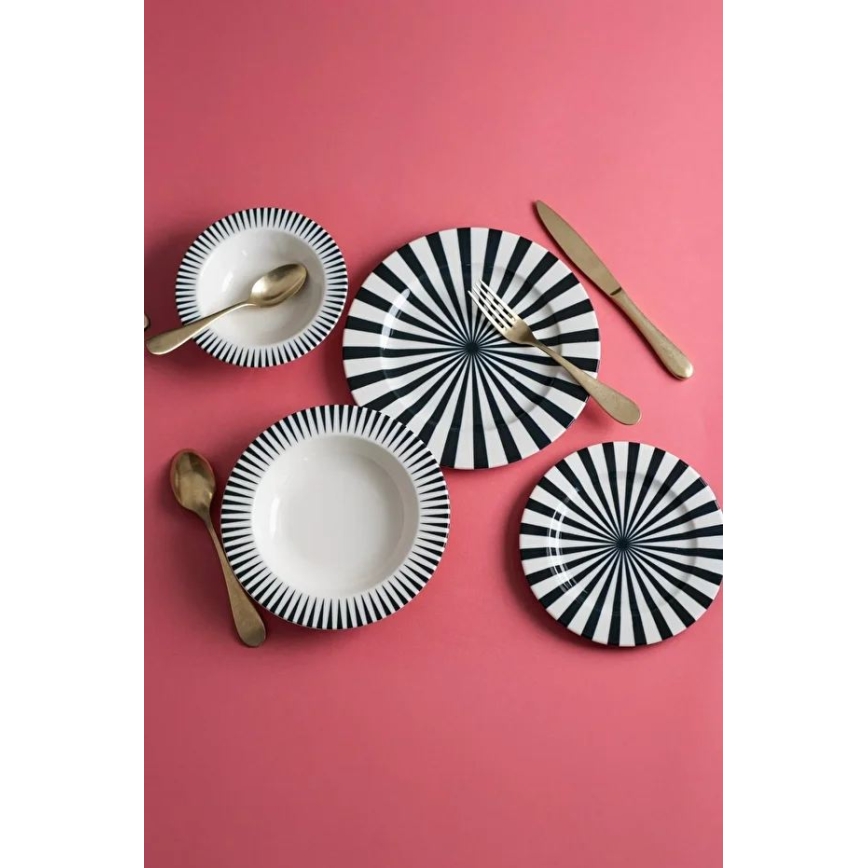 24-częściowy zestaw obiadowy, porcelanowy, biały/czarny