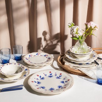 24-częściowy zestaw obiadowy, porcelanowy, biały/niebieski/czerwony