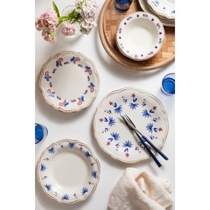 24-częściowy zestaw obiadowy, porcelanowy, biały/niebieski/czerwony