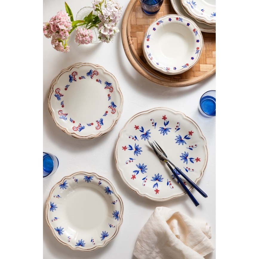 24-częściowy zestaw obiadowy, porcelanowy, biały/niebieski/czerwony