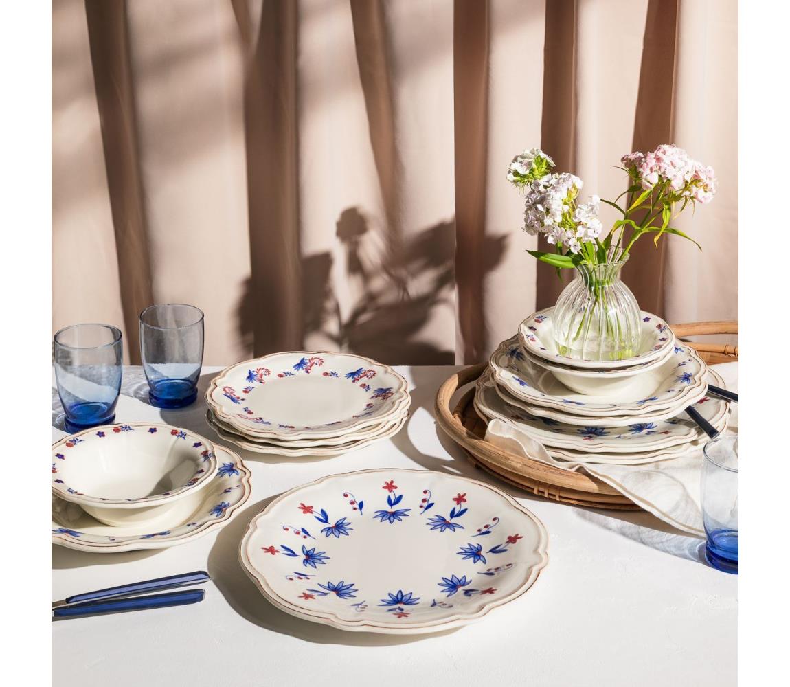 24-częściowy zestaw obiadowy, porcelanowy, biały/niebieski/czerwony