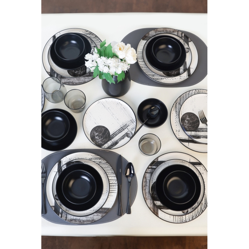 24-częściowy zestaw obiadowy — biały/czarny/kamionka