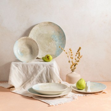 24-elementowy komplet obiadowy — niebieski/beżowy, porcelana