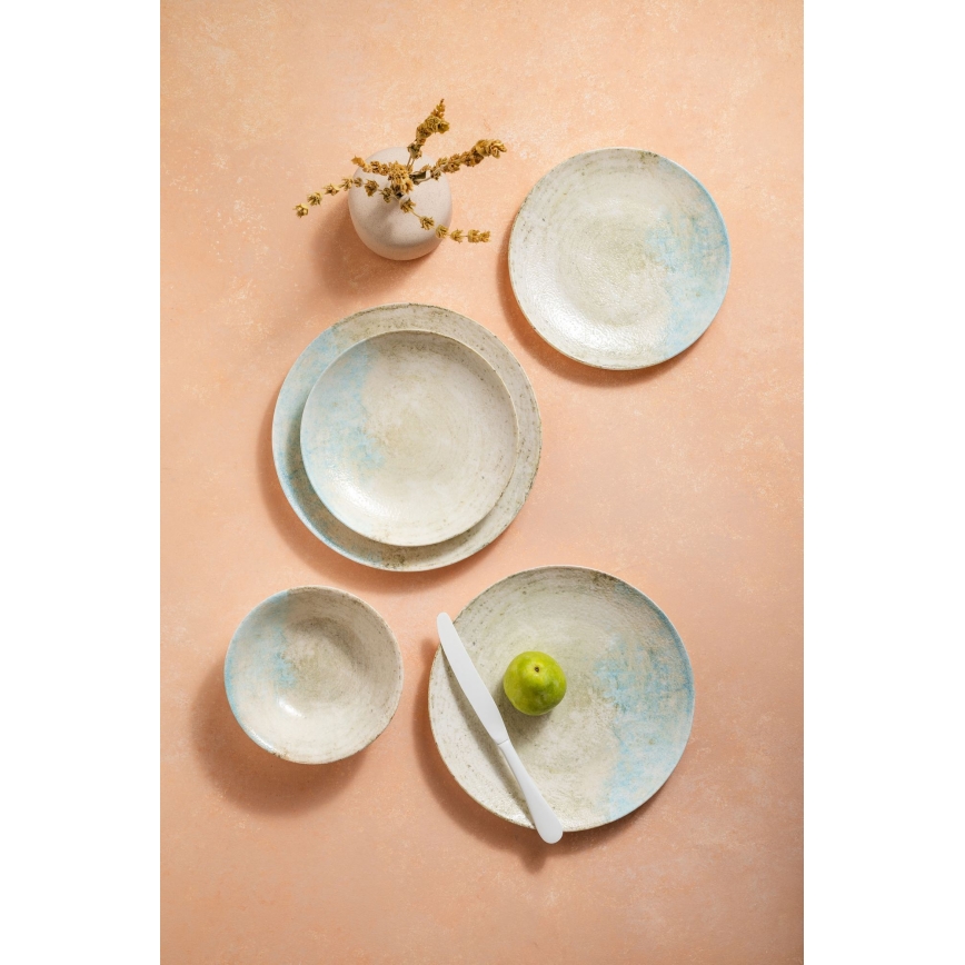24-elementowy komplet obiadowy — niebieski/beżowy, porcelana