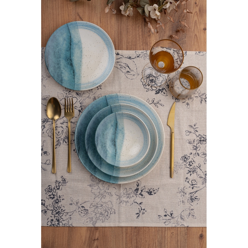 24-elementowy zestaw obiadowy, niebiesko-kremowy, porcelanowy