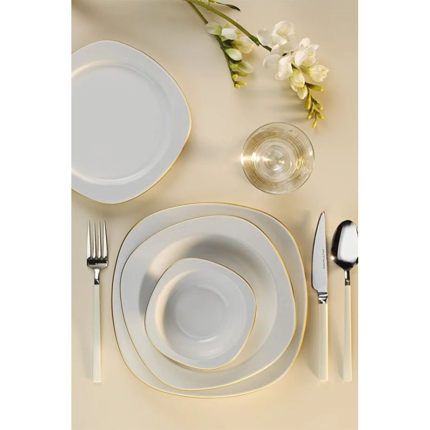 24‑częściowy zestaw obiadowy, biały/złoty, wykonany z porcelany