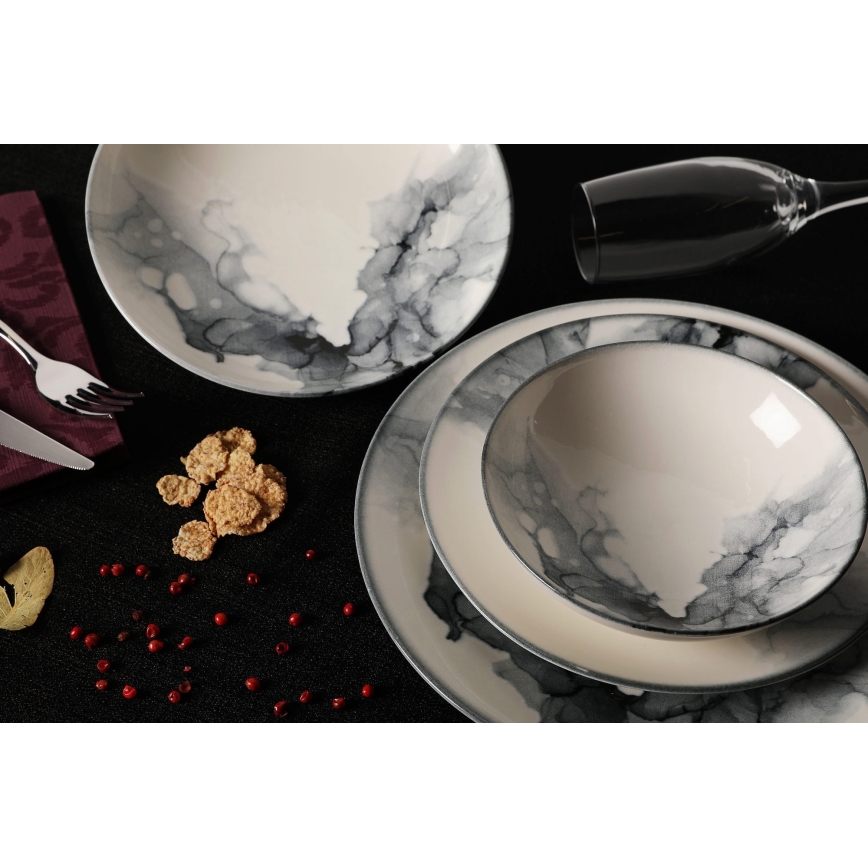 24‑częściowy zestaw obiadowy, porcelanowy, biały/czarny