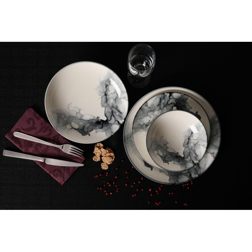 24‑częściowy zestaw obiadowy, porcelanowy, biały/czarny