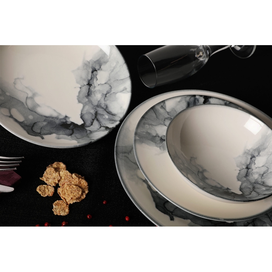 24‑częściowy zestaw obiadowy, porcelanowy, biały/czarny