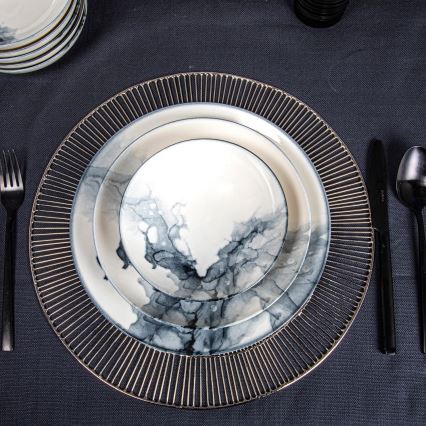 24‑częściowy zestaw obiadowy, porcelanowy, biały/czarny