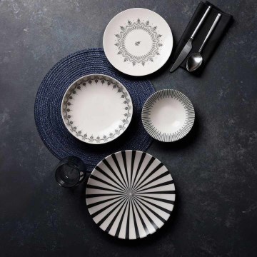 24‑częściowy zestaw obiadowy — biały / czarny / porcelanowy