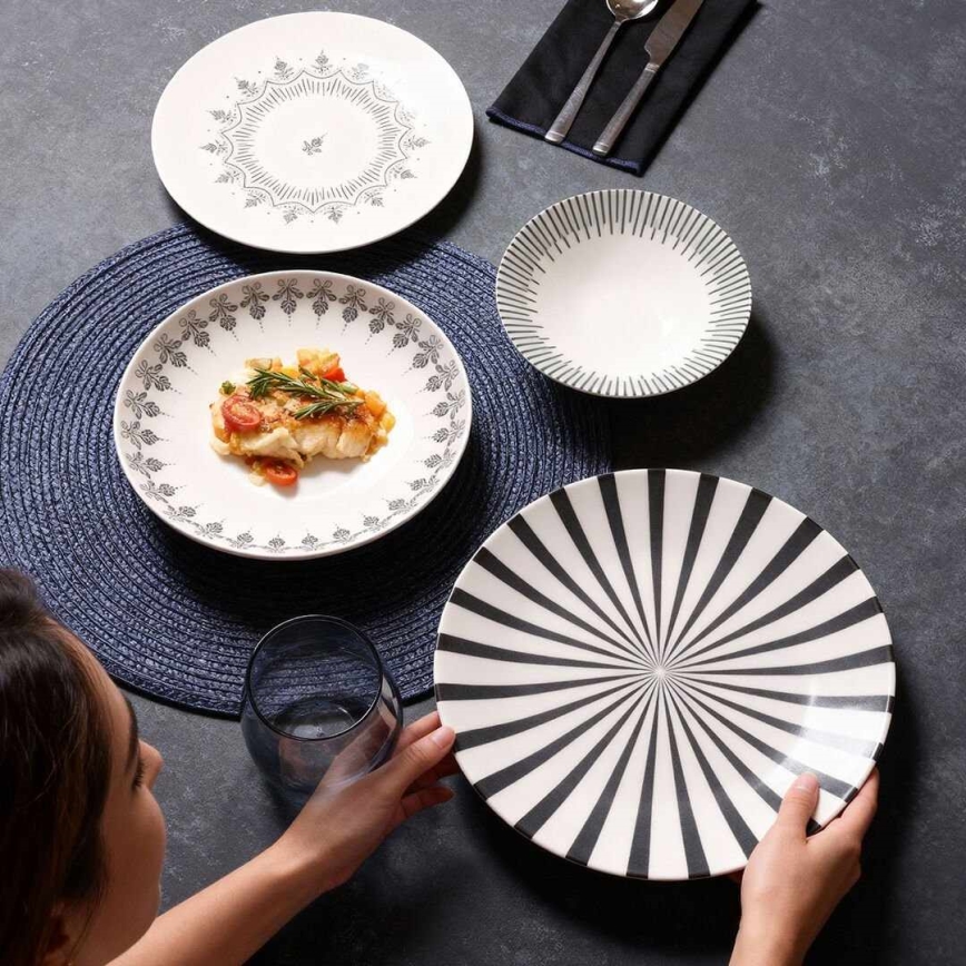 24‑częściowy zestaw obiadowy — biały / czarny / porcelanowy