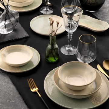 27-częściowy komplet obiadowy, beżowy/zielony, porcelanowy