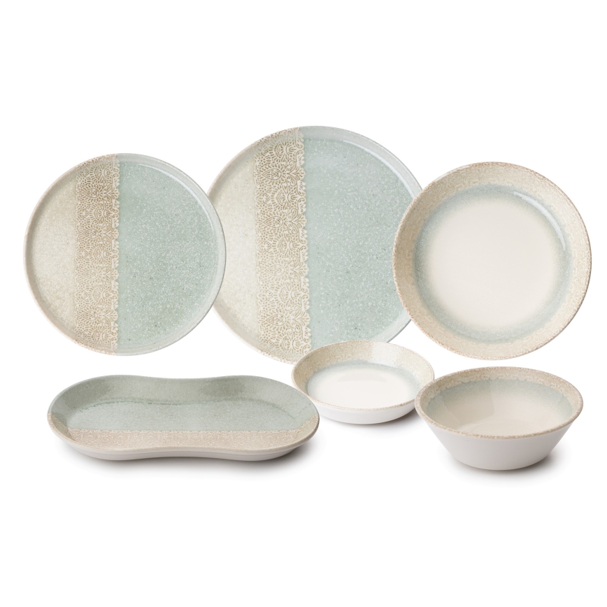 27-częściowy komplet obiadowy, beżowy/zielony, porcelanowy