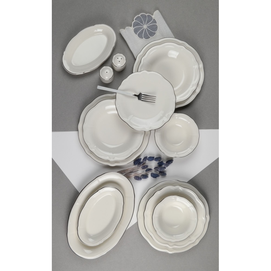 53-częściowy komplet obiadowy, biały/srebrny, porcelana
