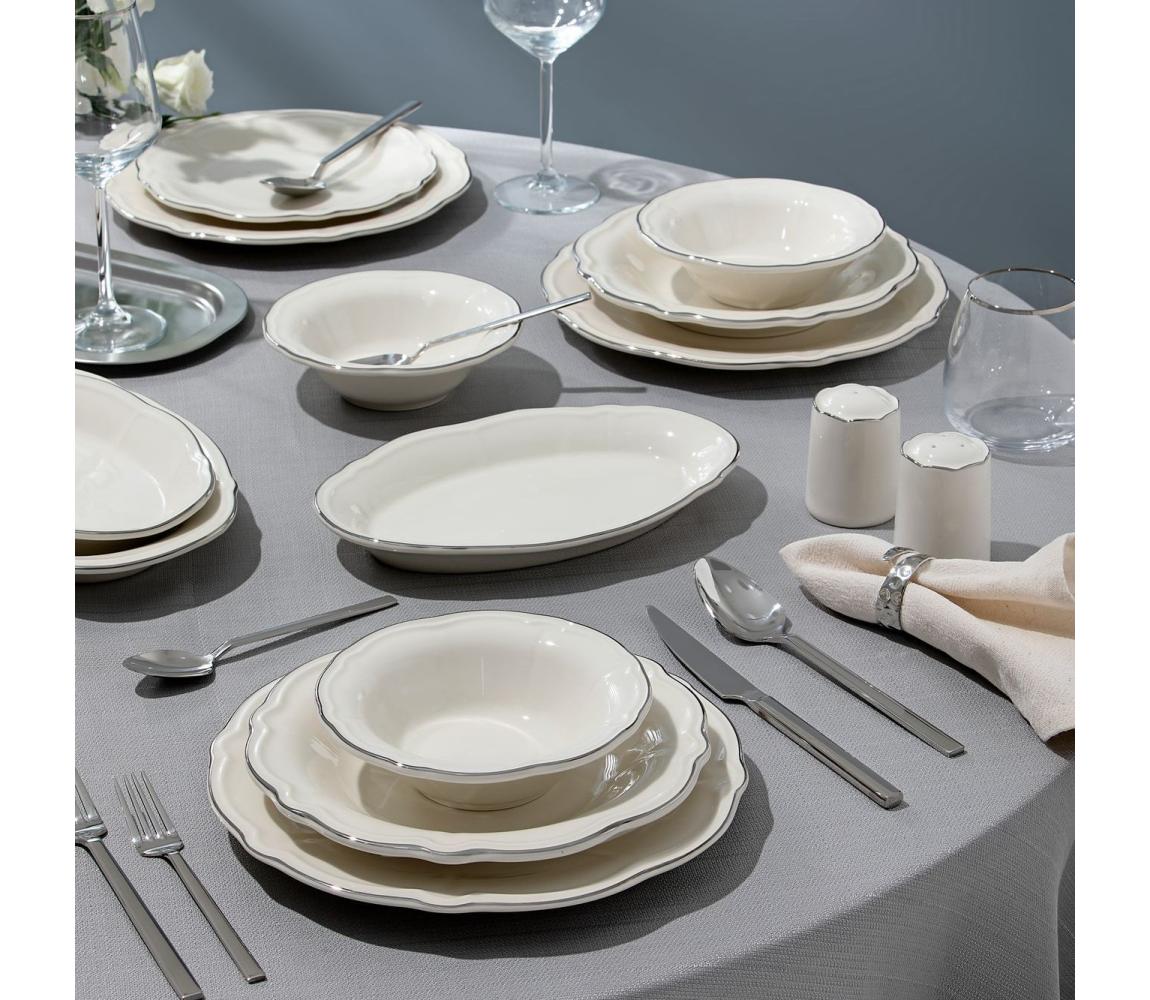 53-częściowy komplet obiadowy, biały/srebrny, porcelana