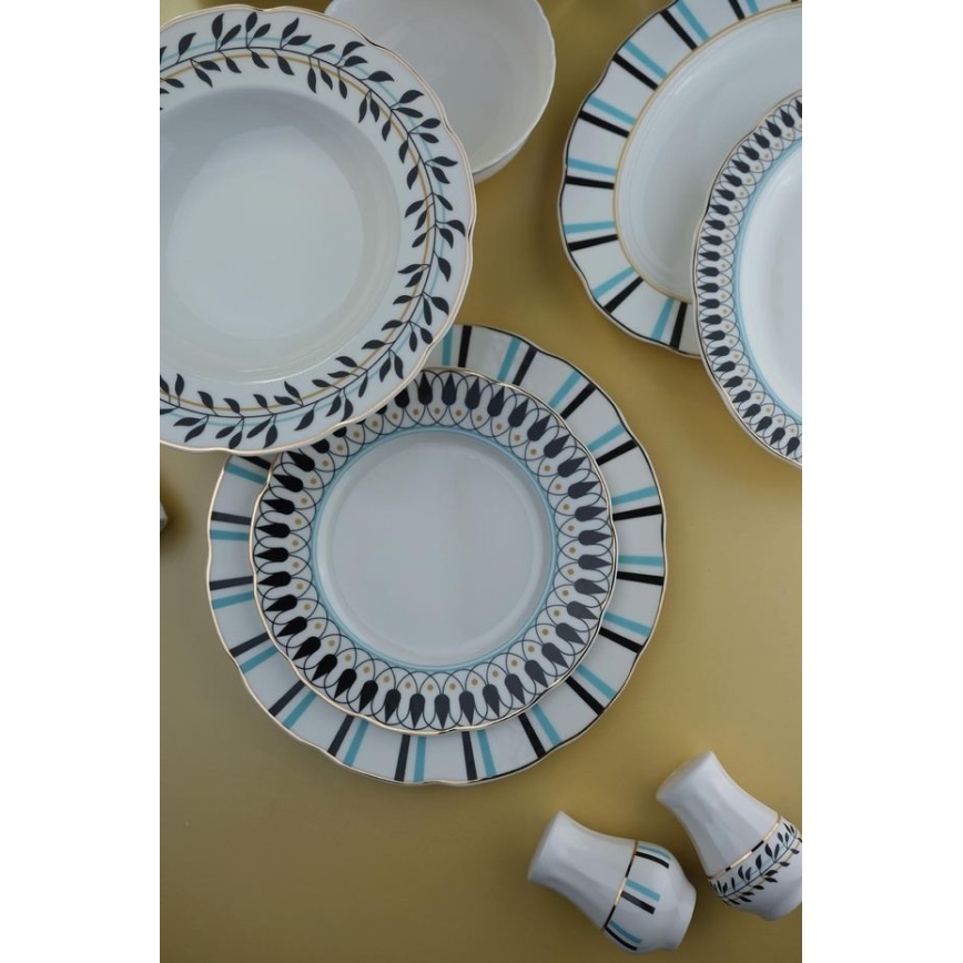 62-częściowy zestaw obiadowy biały/niebieski/czarny/porcelana