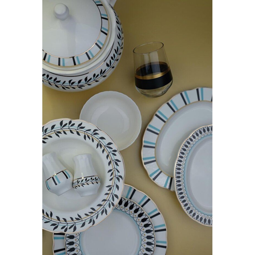 62-częściowy zestaw obiadowy biały/niebieski/czarny/porcelana