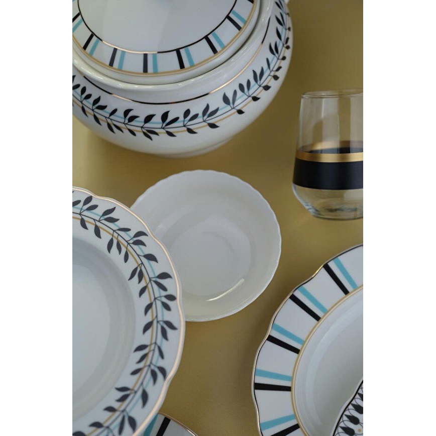 62-częściowy zestaw obiadowy biały/niebieski/czarny/porcelana