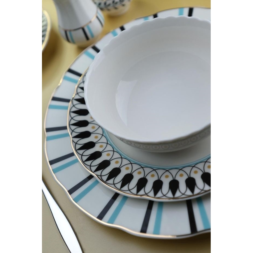 62-częściowy zestaw obiadowy biały/niebieski/czarny/porcelana