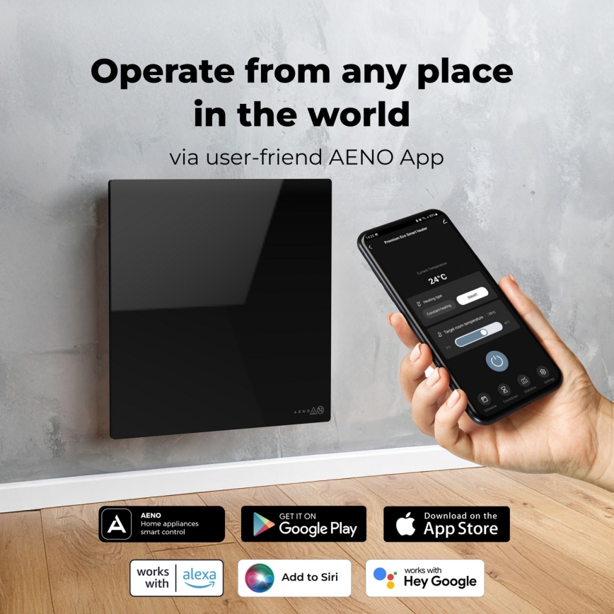 AENO - Inteligentny elektryczny panel grzewczy na podczerwień 500 W z timerem/termostatem Wi-Fi czarny