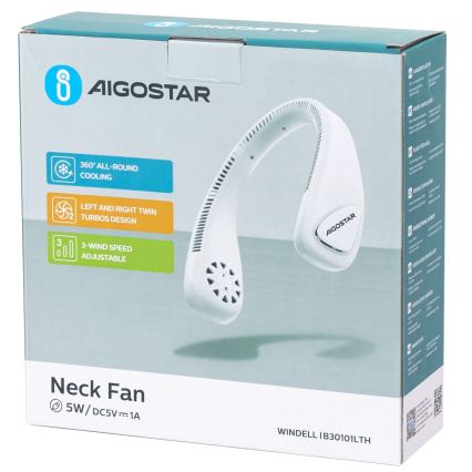 Aigostar - Akumulatorowy wentylator na szyję 4W/5V 2000mAh biały