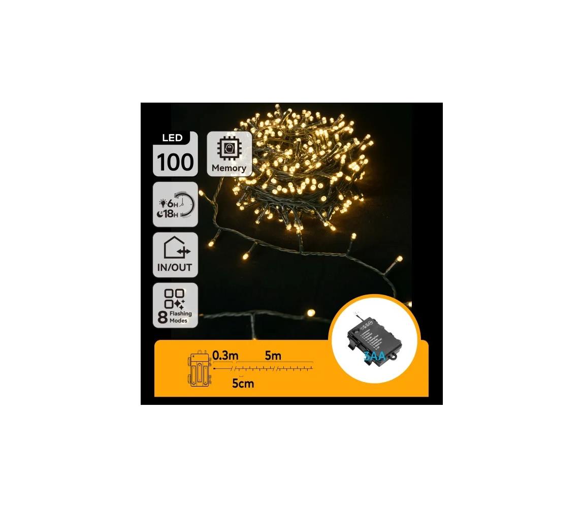 - Łańcuch świetlny LED Ven. 100 x LED / 8 funkcji, zasilanie 3 x AA, 5,3 m, IP44, ciepła biała