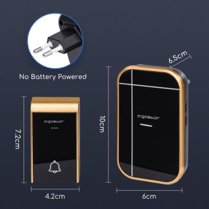 Aigostar - Bezprzewodowy dzwonek do gniazdka 230V/12V IP44 czarny