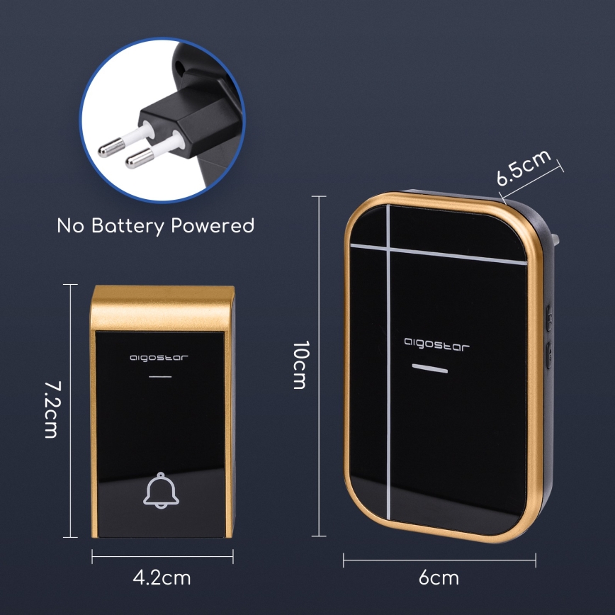 Aigostar - Bezprzewodowy dzwonek do gniazdka 230V/12V IP44 czarny