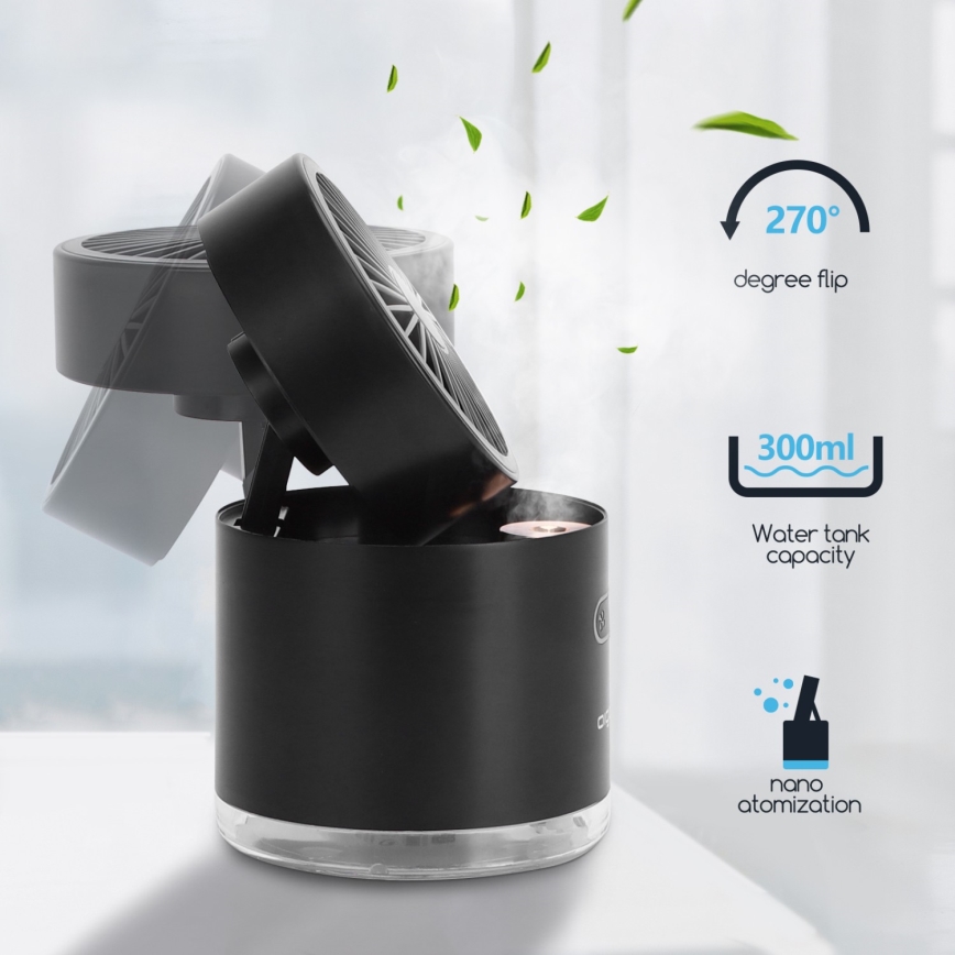Aigostar - RGB Bezprzewodowy mini stołowy wentylator z efektem mgły MIST 10W/5V 2000mAh czarny